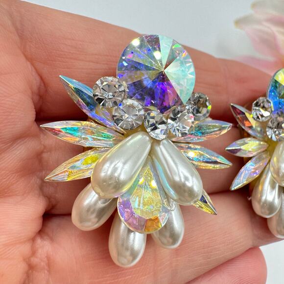 Vintage Rhinestone Earrings AB Rivoli Navettes Runway Ballroom Faux Pearls Bling - Picture 9 of 17